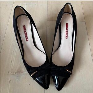 Prada Black Suede Pumps with Patent Toe & Bow Detail
